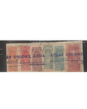 CONJUNTO DE 06 SELOS FISCAIS DO TESOURO NACIONAL,CARIMBADOS PELAS LOJAS REUNIDAS LTDA. , DATADOS DE 31.12.58 - 7538